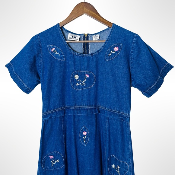Vintage Blue Embroidered Denim Midi Dress Folk Cottage Medium - Picture 3 of 15